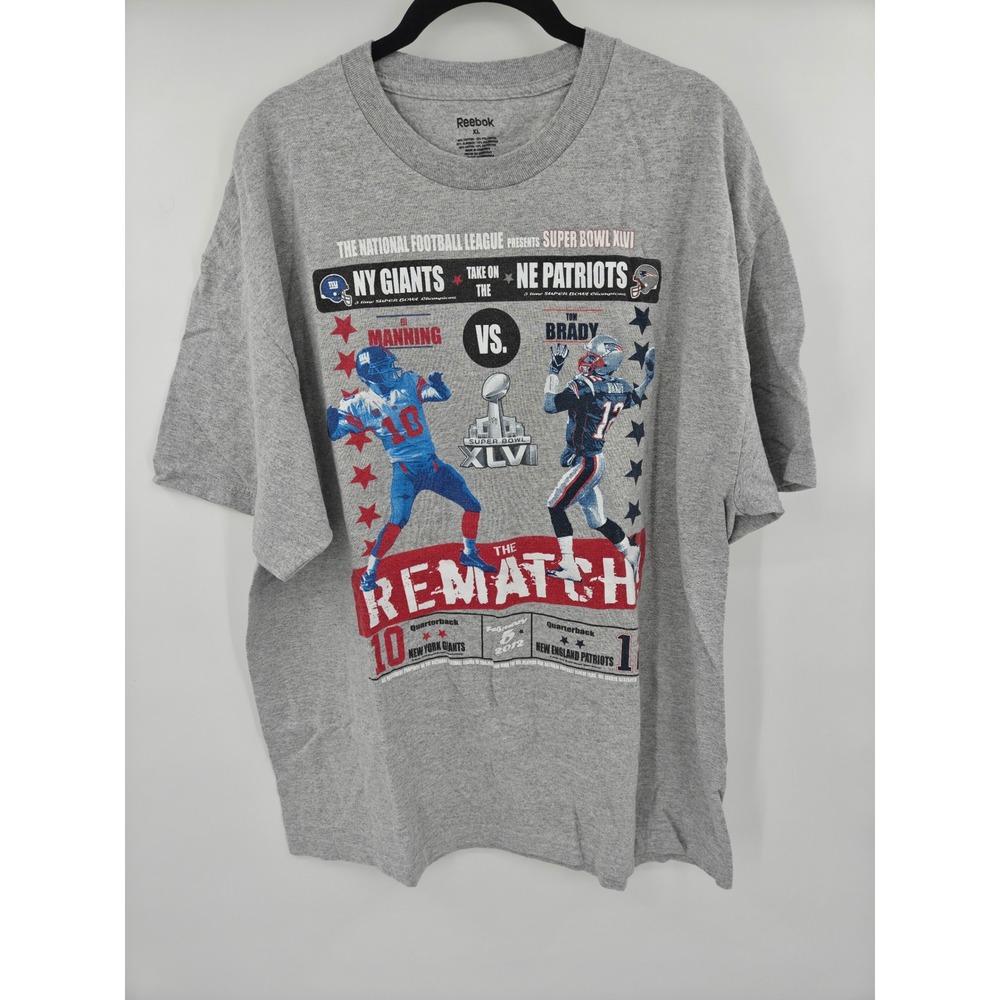 Reebok Mens Super Bowl XLVI Rematch NY Giants vs NE Patriots T-Shirt XL Grey